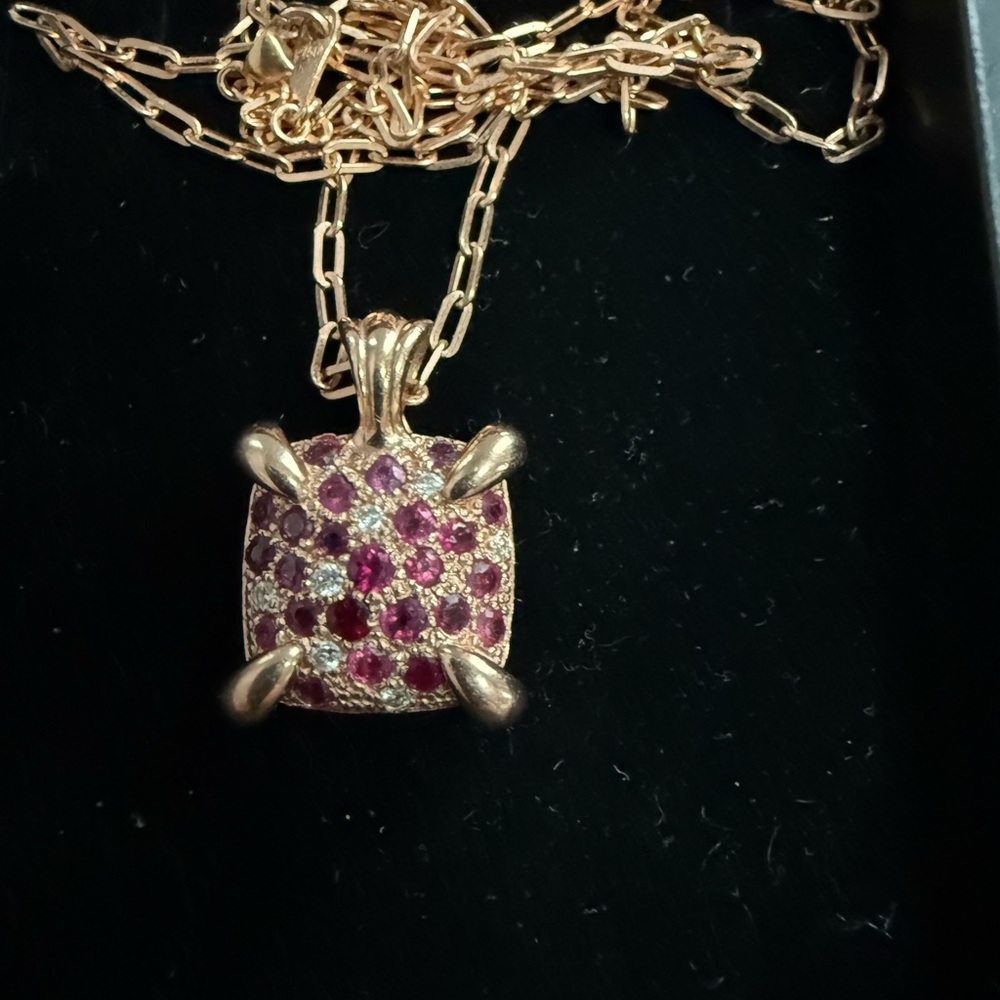 One of a kind! 14K Rose Gold Ruby & Diamond Pendant on 20” elongated cable chain